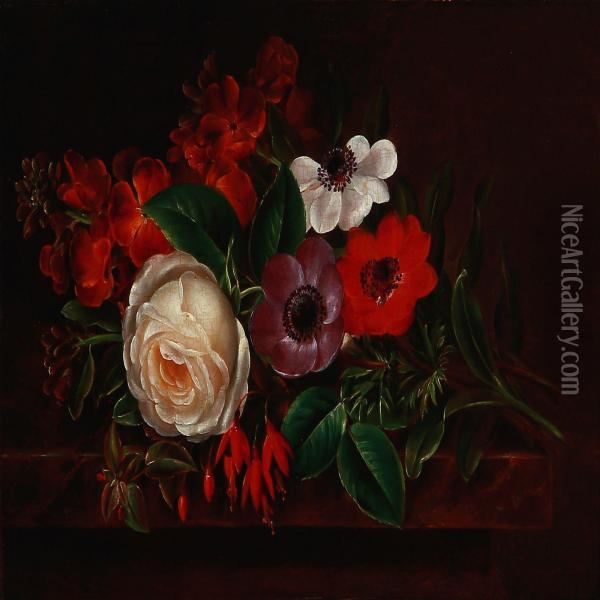 A Flower Bouquet On A Stone Sill Oil Painting - Jonna Eberlin
