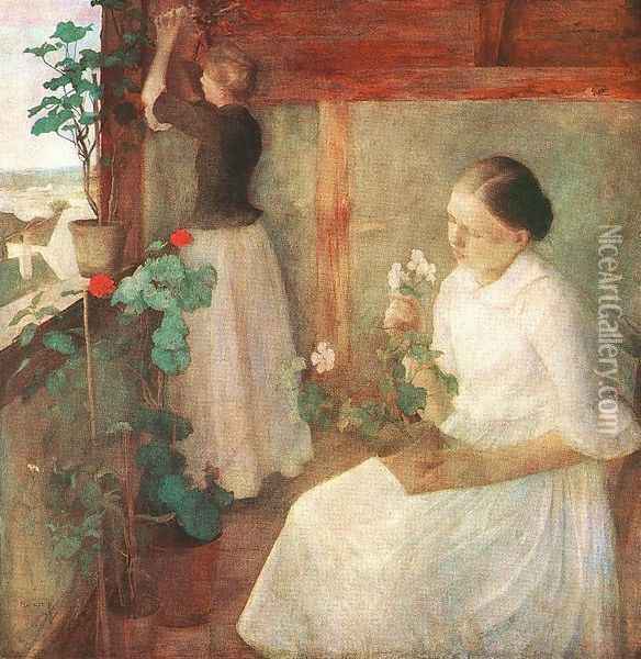 Girls Attending to Flowers 1889 Oil Painting - Karoly Ferenczy