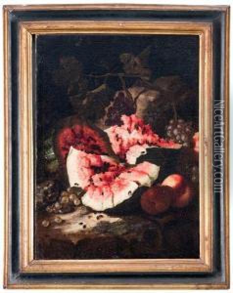 Natura Morta Con Cocomero, Uva E Mele Oil Painting - Giovanni Paolo Castelli Spadino
