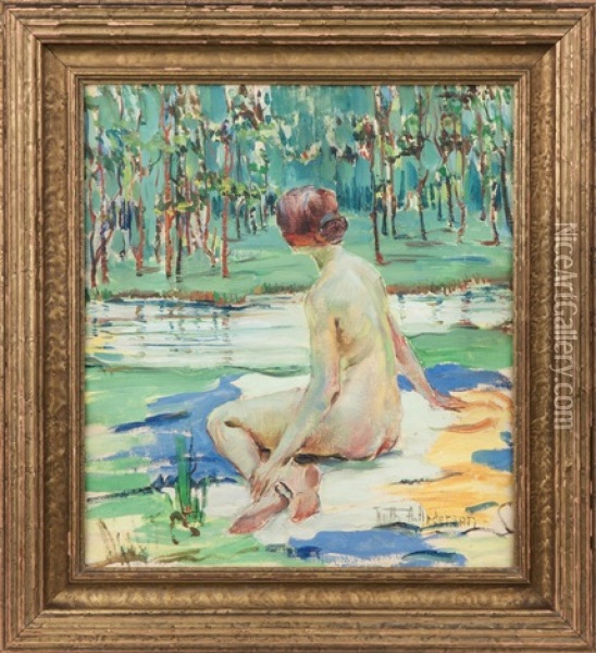 Seated Nude In Landscape Oil Painting - Ruth A. (Temple) Anderson