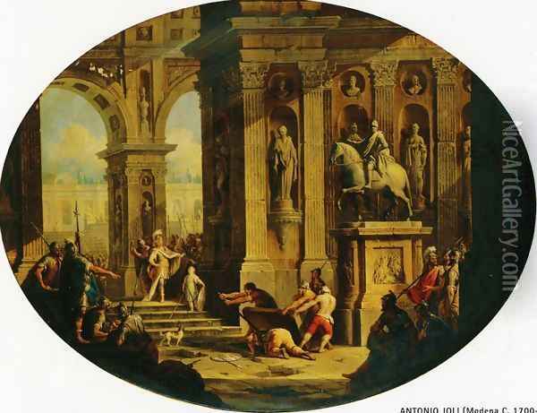 A Capriccio of a Classical Palace with Alexander at the Tomb of Achilles Oil Painting - Antonio Joli