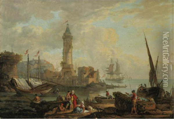 View Of A Harbor Oil Painting - Claude-joseph Vernet