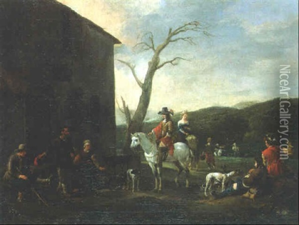 An Elegant Couple On Horseback And Other Travellers Halting At A Roadside Inn Oil Painting - Johannes Lingelbach
