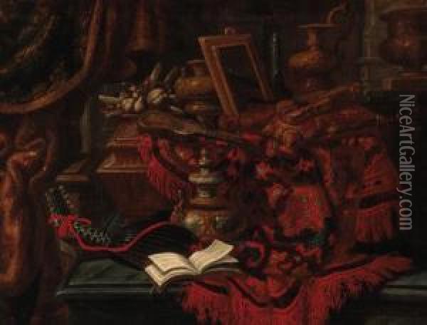 Violins, Ornamental Vases, A 
Mirror And A Book Of Music On Apartially Draped Ledge In An Interior Oil Painting - Francesco (Il Maltese) Fieravino