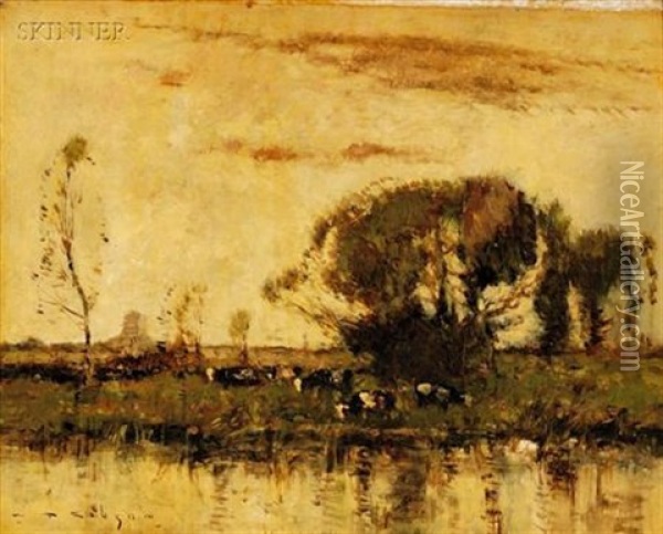 Evening - A View Of Cattle Along The River Oil Painting - William Alfred Gibson