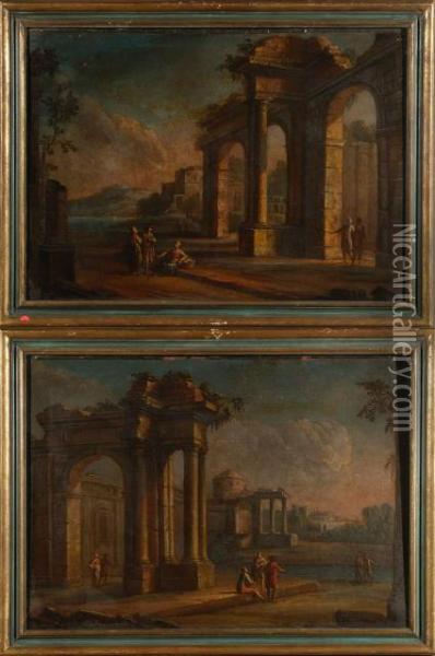 Coppia Di Paesaggi Con Architetture Classiche D'invenzione Oil Painting - Francesco Antonio Altobello