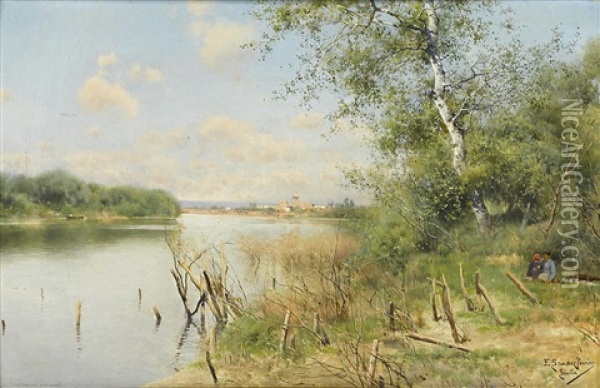 A Tranquil River With A View Of A Town, Possibly Seville Oil Painting - Emilio Sanchez-Perrier