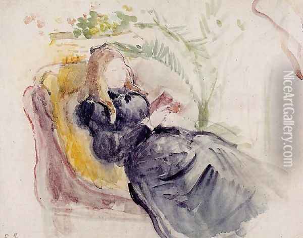 Julie Manet Reading In A Chaise Lounge Oil Painting - Berthe Morisot