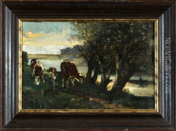 Hirtenjunge Mit Zwei Kuhen Am Flussufer Oil Painting - Charles Frederic Nifenecker