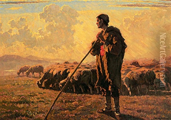Schafer Mit Seiner Herde Oil Painting - Georg Haenel