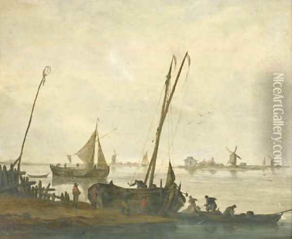 Fishermen mooring their boats on the bank of a river, a sailing boat and a river bank with windmills beyond Oil Painting - Jacob Esselens