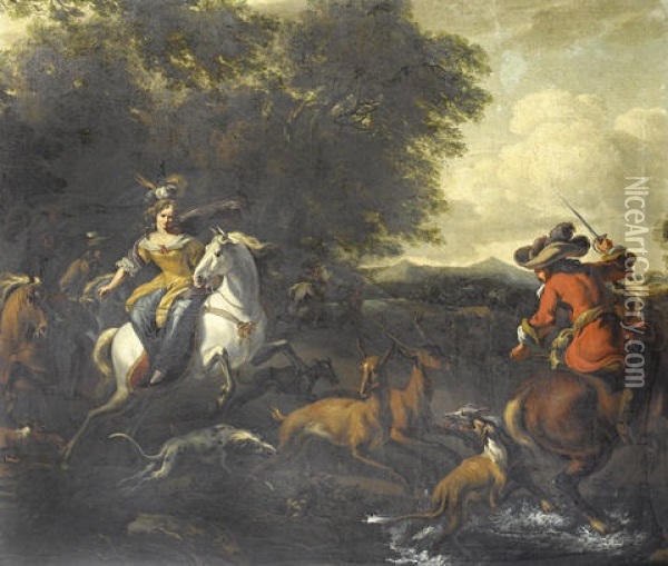 A Stag Hunt In A Wooded River Landscape Oil Painting - Abraham Danielsz Hondius