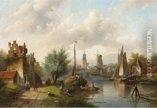 Figures On The Waterfront, A Windmill In The Distance Oil Painting - Jan Jacob Coenraad Spohler