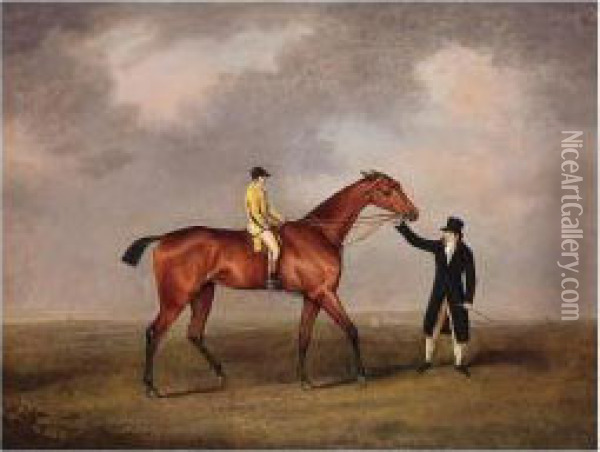 Lord Grosvenor's Violante With Frank Buckle Up, Held By A Groom On A Racecourse Oil Painting - Henry Bernard Chalon