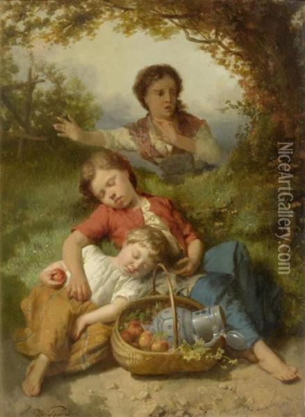 Children Sleeping On A Picnic Oil Painting - Theodore Gerard