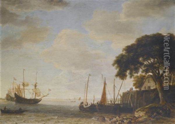 Coastal Landscape, A Dutch Kaag Tied Up To A Quay, A Man Of War Weighing Anchor Beyond Oil Painting - Jeronymus Van Diest