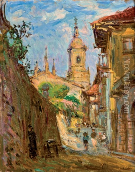 Calle De Pueblo Con Iglesia Oil Painting - Gonzalo Bilbao Martinez