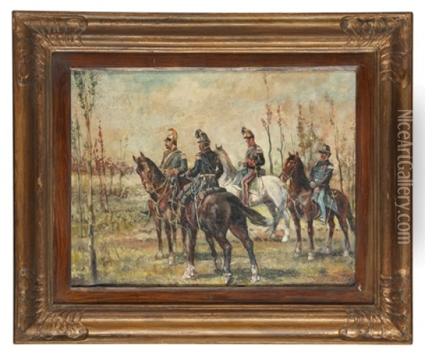 Berittene Soldaten In Landschaft (teil Des Werkes Madonna Della Scoperta) Oil Painting - Giovanni Fattori