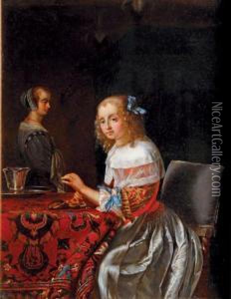 Jeune Femme Enfilant Des Perles Oil Painting - Frans Ii Van Mieris