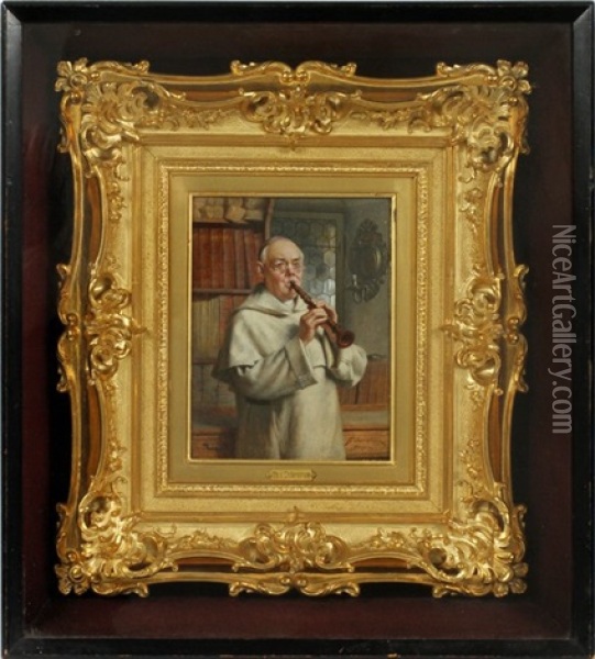 Monk Playing Flute Oil Painting - Thure Nikolaus Cederstrom