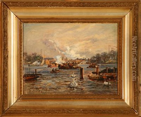 View Of Hamburg Harbour Oil Painting - Holger Henrik Herholdt Drachmann