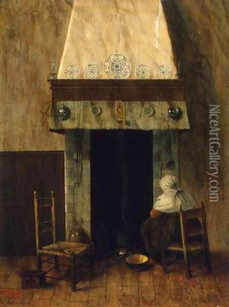 An Old Woman by a Fireplace Oil Painting - Jacobus Vrel