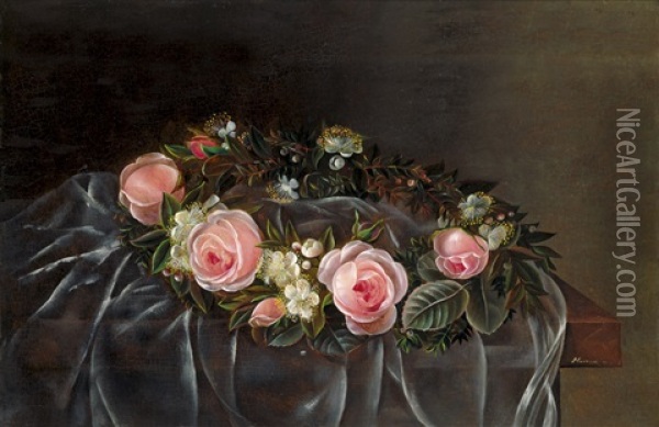 Brautstraus Mit Schleier, Rosa Rosen Und Myrtenbluten Oil Painting - Hanne Hellesen