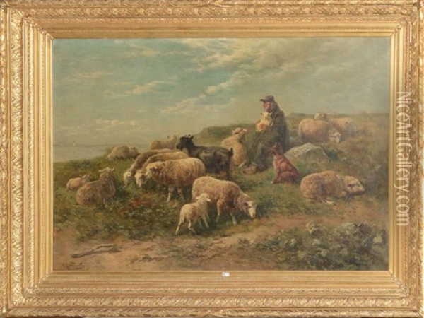 Berger Et Son Troupeau En Bord De Mer Oil Painting - Henry Schouten