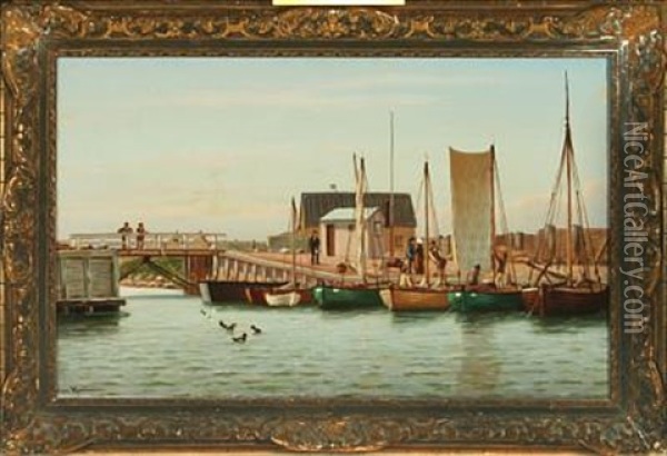 Harbour With Small Sailing Ships Oil Painting - Johan Jens Neumann