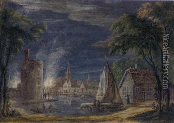 A Town On A River With A Building On Fire Oil Painting - Abraham Rademaker