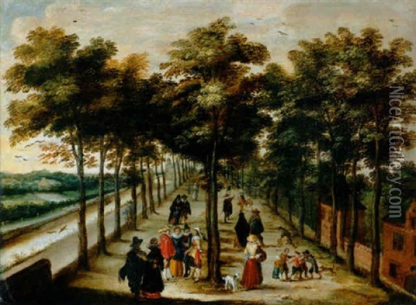 Blick In Eine Allee Entlang Einem Kanal In Holland Mit Vielen Eleganten Figuren Und Bauern Oil Painting - Willem Van Den Bundel