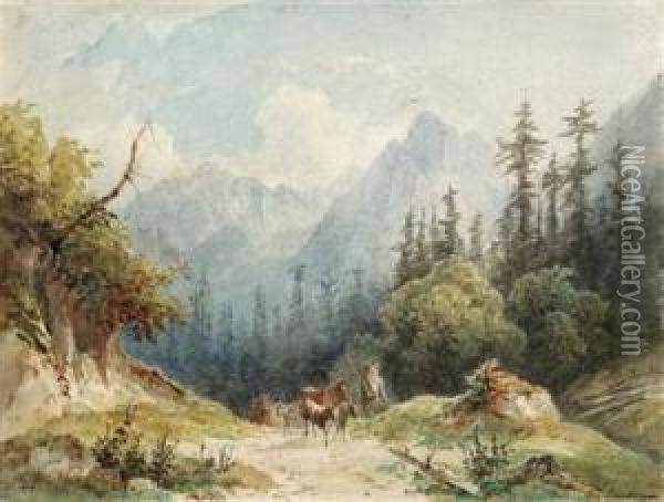 Ziegenhirte Auf Alpenweg Oil Painting - Josef Schwemminger