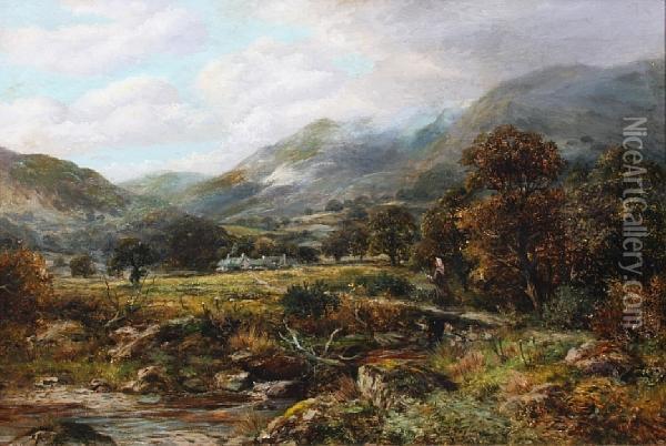 Figure Crossing Over A Stream, Mountainsbeyond Oil Painting - Robert John Hammond