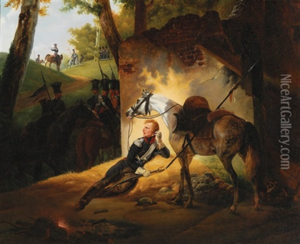 Polish Officer Lancer Resting During The Napoleonic Wars Oil Painting - Emile Jean Horace Vernet