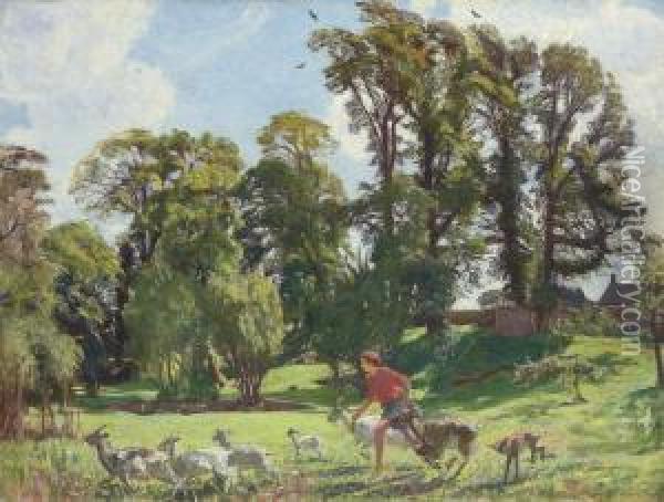 Mary In The Gardens, Dunshay (drat Them Goats!) Oil Painting - George Spencer Watson