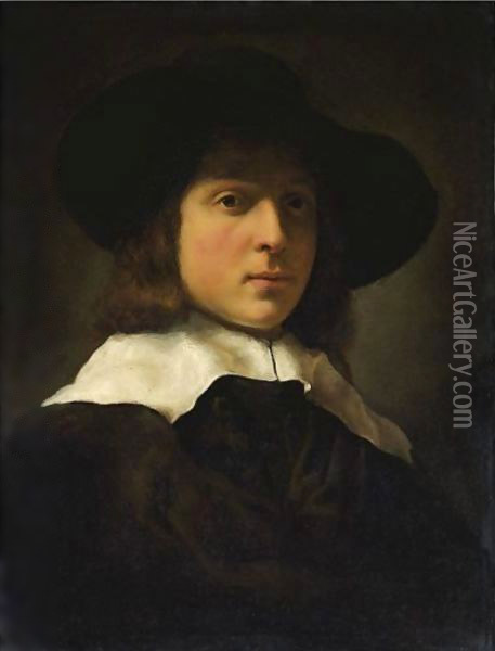 A Portrait Of A Young Man Wearing A Hat And White Ruff Oil Painting - Govert Teunisz. Flinck