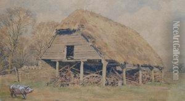 Apig By A Thatched Barn Oil Painting - Bernard Cecil Gotch