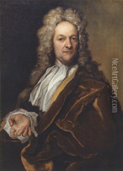 Portrait Of A Nobleman, Wearing A Yellow Lined Brown Velvet Cloak With Lace Chemise And Wig Oil Painting - Georg Gsell