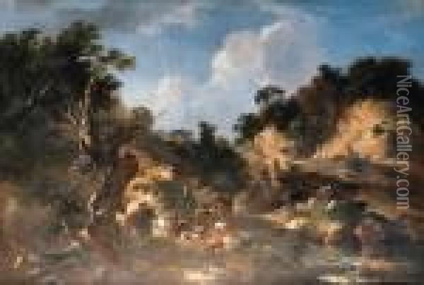 An Italianate Landscape With A Hunting Party Oil Painting - Pandolfo Reschi