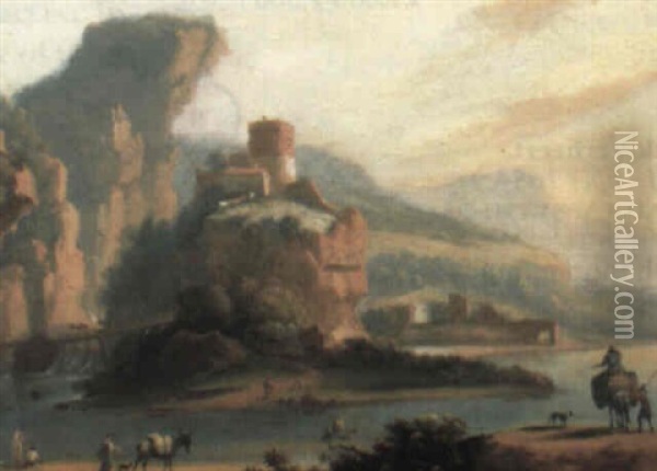 Mountainous Landscape With Castle Beside A Lake Oil Painting - Hendrick Van Der Straaten