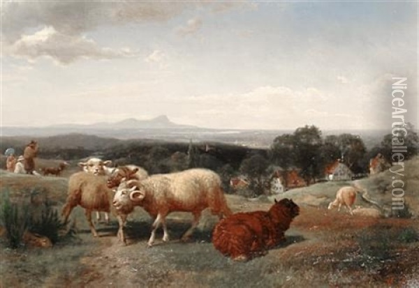 Sheep Grazing In A Meadow Oil Painting - Henry Lot