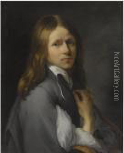 Portrait Of A Long-haired Young Man, Half Length, Wearing A Greytunic Oil Painting - Sebastian Bourdon