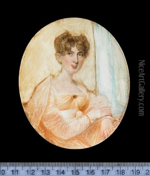 An Unfinished Portrait Of A Lady, Seated Wearing Peach Colored Dress With White Sash And Gauze Shawl Oil Painting - George Chinnery