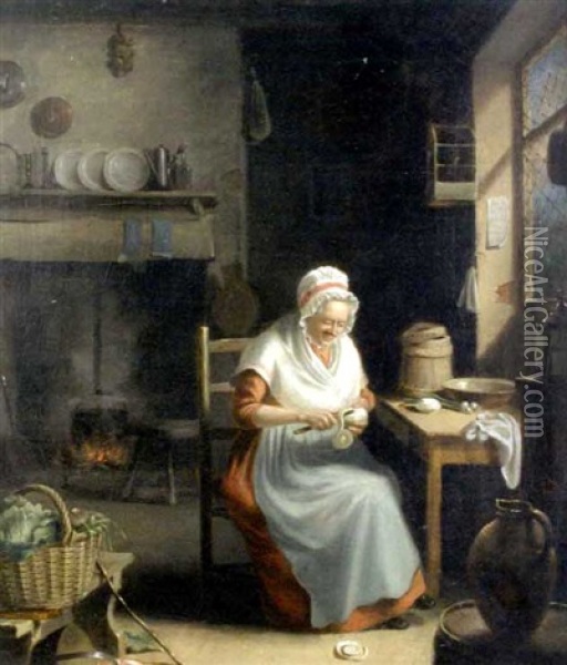 An Old Woman Peeling Turnips In An Interior Oil Painting - Nicholas Condy