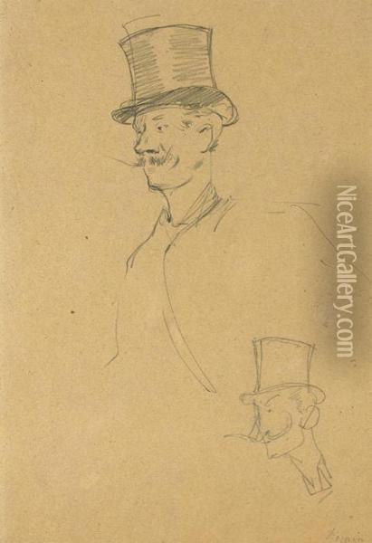 A Mustachioed Gentleman, 
Half-length, Wearing A Top Hat, And A Subsidiary Study Of The Same 
Figure Oil Painting - Jean-Louis Forain
