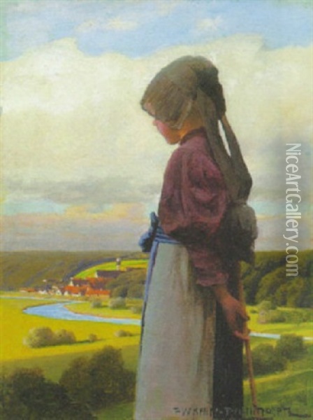 Kleines Madchen In Tracht (dachauerin?), In Ein Flusstal Mit Einer Ortschaft Blickend Oil Painting - Paul Wilhelm Keller-Reutlingen