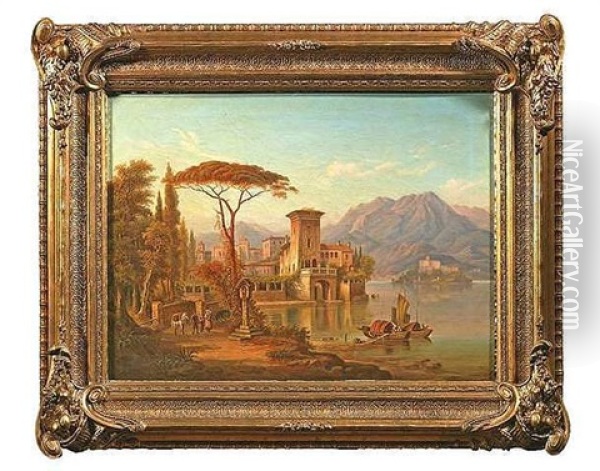 Oberitalienische Landschaft Mit Einer Kleinen Ortschaft An Einem See (lago Di Orta?) Oil Painting - Henry Jackel