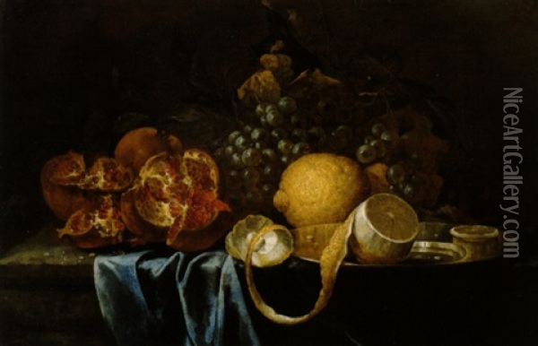 Stillleben Mit Granatapfeln Und Zitronen Auf Einem Silbernen Teller Oil Painting - Alexander Coosemans