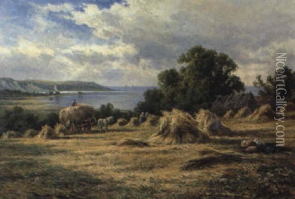 Harvesting On The Sussex Downs, Near Eastbourne Oil Painting - Henry H. Parker