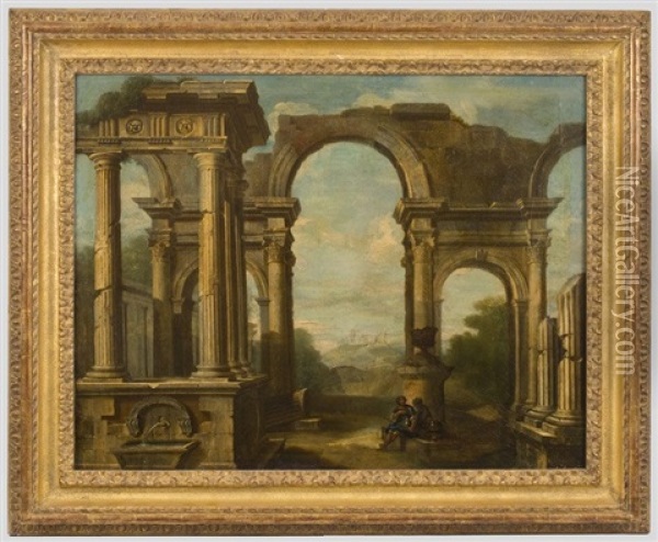 Capriccio Of Classical Ruins With Figures At Rest Oil Painting - Giovanni Paolo Panini